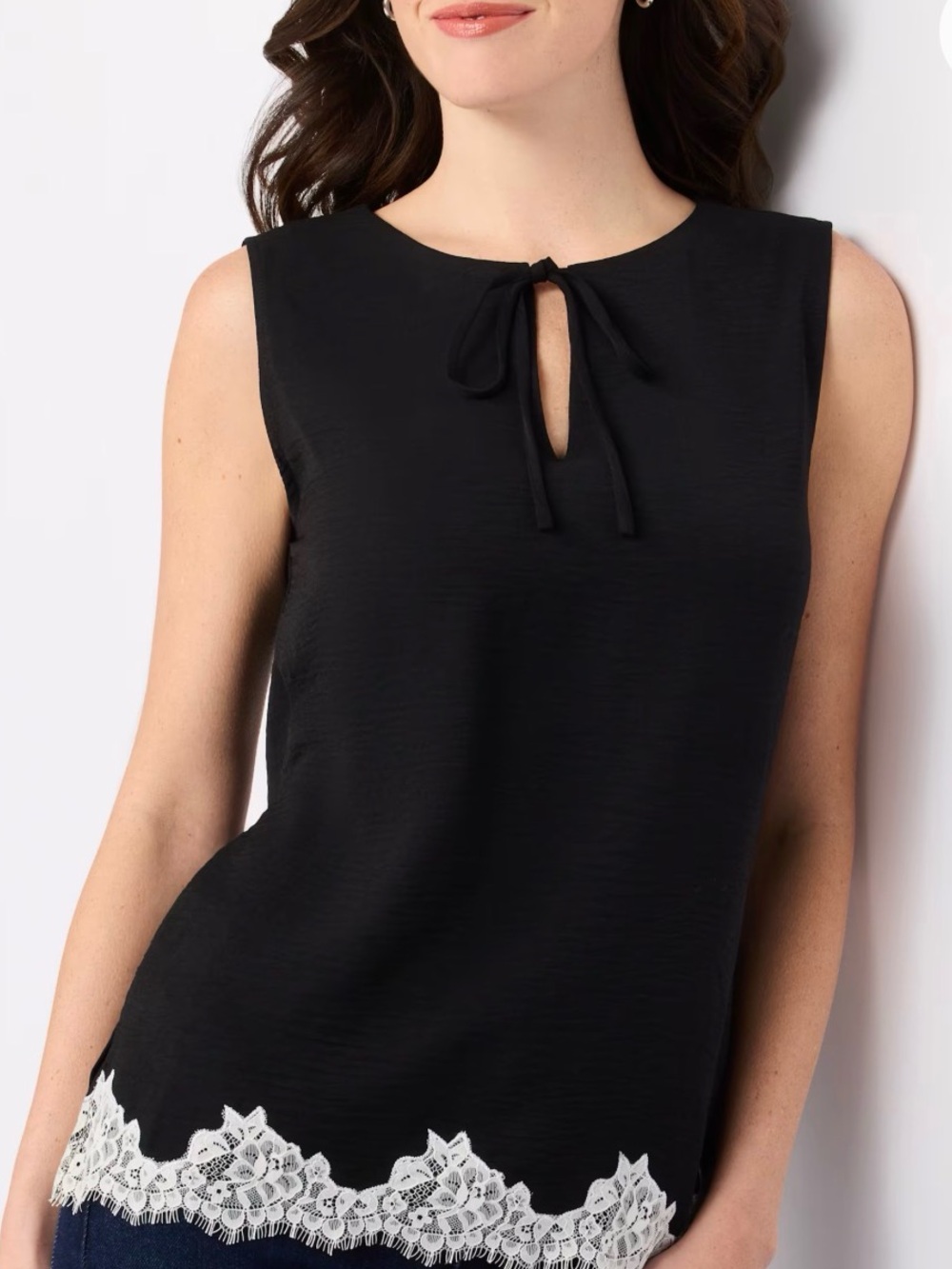Marina Rinaldi Black V-Neck Sleeveless Camisole with White Lace Trim